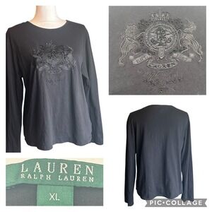VTG Lauren Ralph Lauren Women Black Long Sleeve Crew Neck Embellished Crest T XL
